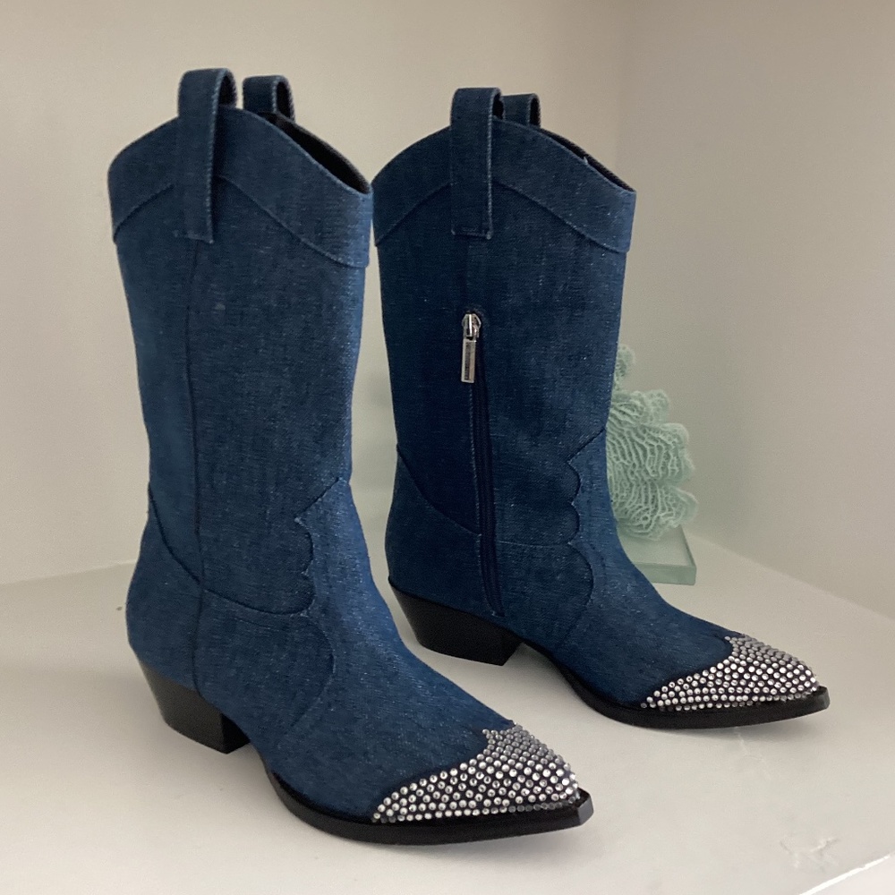 Karl Lagerfeld Cowboy very Taylor Swift Denim Boots Crystal Embellishment